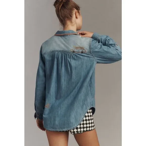 Anthropologie Pilcro Long-Sleeve Embroidered Icon Denim Buttondown Shirt - Picture 4 of 9